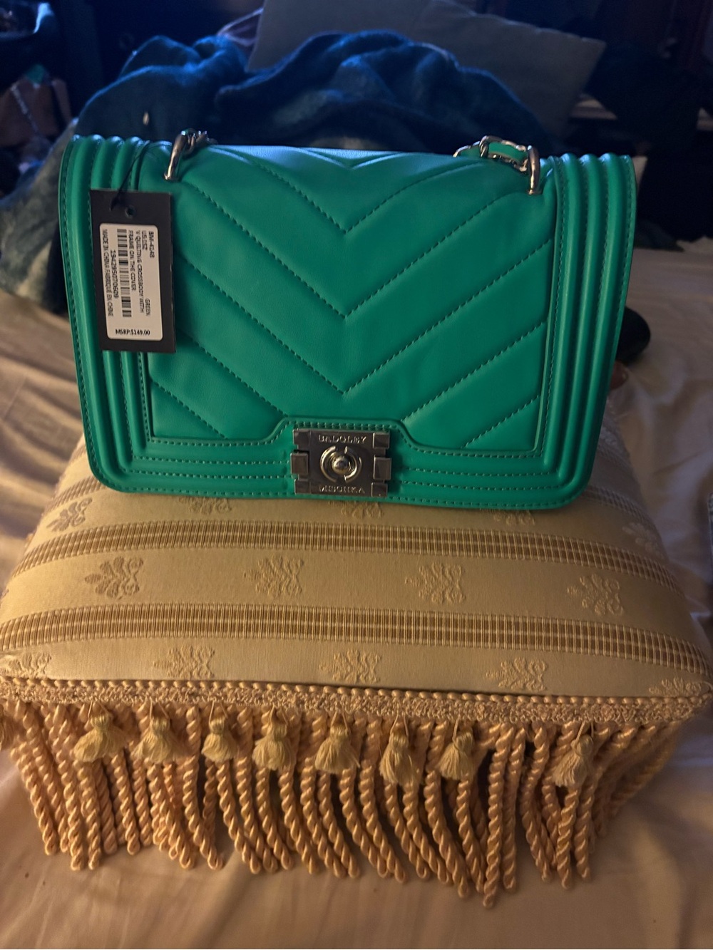 Badgley Mischka Quilted Emerald Green Crossbody Vegan Leather Silver Hardware